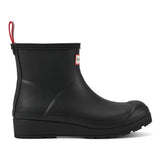 A single black rubber rain boot with a low platform sole and a small red pull loop at the collar, shown in profile against a white background. The iconic small red and white Hunter logo is visible on the side.