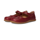Pair of red leather shoes with cork soles on a white background
