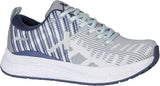 Gray and blue athletic shoe on a white background