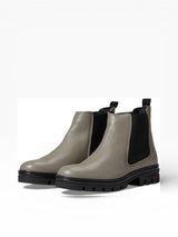 Eric Michael Bethany lug sole Chelsea boot, black leather ankle boot with elastic side panels and pull tabs.