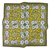 Floral patterned fabric with blue flowers and green leaves on a white background