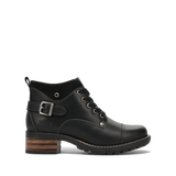 Black leather boot with wooden heel on a white background