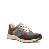 Multicolored sneaker with gray, orange, and red accents on a white background