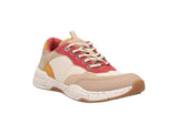 Multicolored sneaker with red, beige, and brown accents on a white background