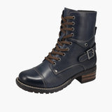 Navy blue leather boot with brown laces on a white background