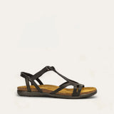 Black Naot Dorith flat sandal with elegant strappy design and cushioned footbed, showcasing stylish comfort.