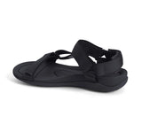 Black sandal with multiple straps on a white background