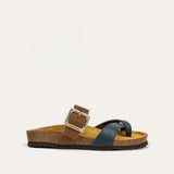 Sandal with brown and blue straps on a white background