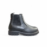 A black leather Chelsea boot with a rubber sole, featuring a patterned black elastic side panel and a small red heel tab, shown from a side profile on a white background.