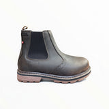 A dark brown leather Chelsea boot with a black elastic side panel and a brown lug sole, shown in profile against a white background.