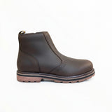 A dark brown leather ankle boot with a side zipper, decorative perforated detailing on the toe, and a rugged brown sole, shown in profile against a white background.