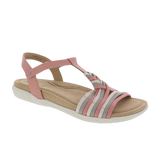 Biza Kate woven women’s sandal in brick multi-color with open toe design and woven strap detail.