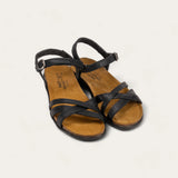 Black strappy sandals with tan soles on a light gray background