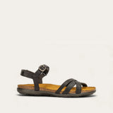 Black sandal with a cork sole on a light gray background