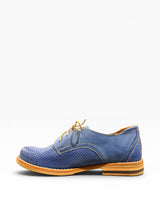Blue shoe with brown sole on a white background