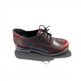 Red and black leather shoe on a white background