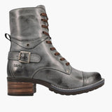 Gray leather boot with brown laces and sole on a white background