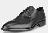 Black leather dress shoe on a light gray background