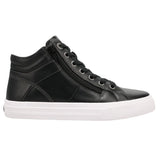 A black leather high-top sneaker with a side zipper, black laces, and a thick white rubber sole, shown from a side profile on a white background.