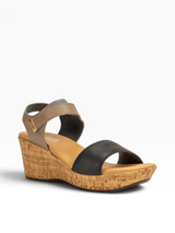 Strada Naot Summer wedge sandal in black and taupe leather with a cork-effect platform heel and adjustable strap.