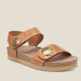 Brown sandal with gold accents on a beige background