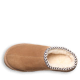A single tan suede slipper with a cream-colored shearling lining and a black and white chevron trim around the opening, shown from a top-down perspective on a white background.