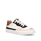 Multicolor sneaker with white, black, and brown accents on a white background
