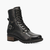 Black leather boot with a buckle on a white background