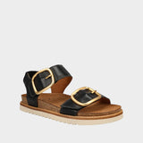 Black sandal with gold buckles on a white background