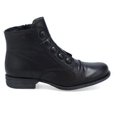 Black Miz Mooz Louise tailored women's boot with button details and sleek design, showcasing a stylish and modern ankle boot.