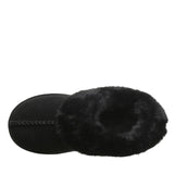 Black slippers with fur trim on a white background