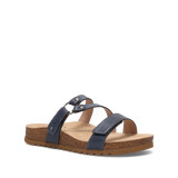Navy sandal with cork sole on a white background