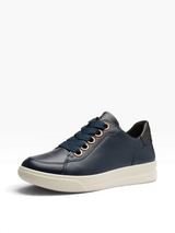 Strada Ara Fiora navy blue leather sneaker with thick white sole and dark blue laces for comfortable travel wear.