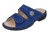 Finn Comfort Sansibar slide sandal for women in blue with adjustable straps and cushioned footbed.