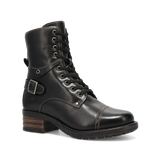 Black leather boot with a buckle on a white background