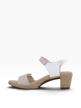 Strada Naot Intact dress sandal in white and beige with adjustable hook and loop straps and a comfortable block heel.