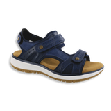 Navy blue sandal with brown insole on a white background