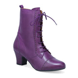 Purple Miz Mooz Flicka Retro women's boots with a rounded toe and chunky heel, featuring stylish vintage-inspired design.