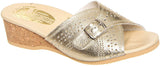 Gold Worishofer 251 wedge sandal with open toe and ankle strap, featuring a comfortable cork wedge heel.