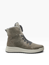 A mid-height lace-up boot in grey suede with a thick off-white sole and dark gray laces, shown from a side profile on a white background.