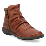 A brown leather ankle boot with a side zipper, shown from a three-quarters angle on a white background.