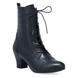 Black Miz Mooz Flicka Retro Boot for women with a rounded toe and vintage-inspired design, shown from the side.