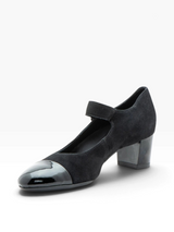 Strada Ara Jordana black suede Mary Jane pump with a patent leather cap toe, adjustable strap, and low block heel.