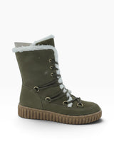 An olive green lace-up winter boot with white faux-fur trim at the collar and along the laces, featuring a chunky brown lug sole, shown against a plain white background.
