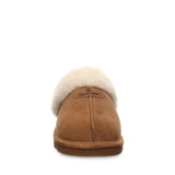 Brown slipper with white fur lining on a white background