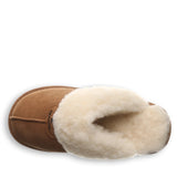 Brown slipper with beige fur lining on a white background