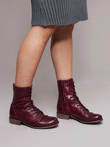 Miz Mooz Lukas women's Bordeaux leather boot with rounded toe and ankle height, stylish and comfortable footwear.
