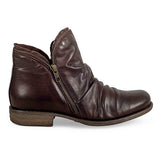 Brown Miz Mooz Luna Ruched Ankle Boot for women with stylish ankle height and ruched detailing.