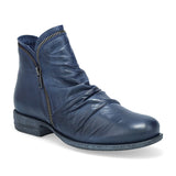 Miz Mooz Luna ruched ankle boot for women, denim-colored leather with a stylish ruched design and ankle height.