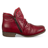 Red Miz Mooz Luna Ruched Ankle Boot for women, showcasing stylish ankle-high design with ruched detailing and a comfortable heel.